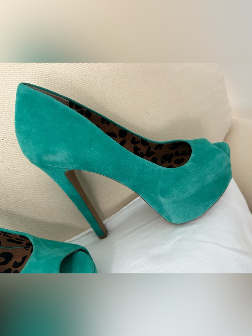 Jessica Simpson Carri Palmetto Green Suede Platform Peep Toe Heels 5M - Picture 6 of 13